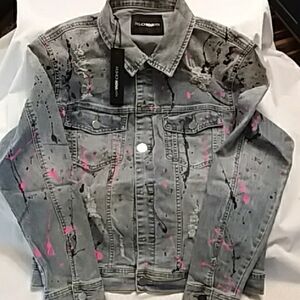 Fashion Nova Distressed Denim With Pink And Black Splatter Jean Jacket